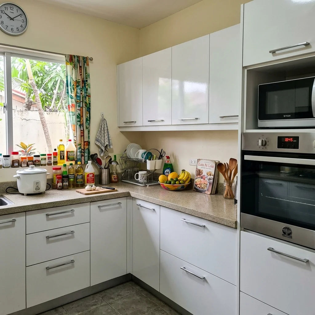 Gloss white modular kitchen cabinets with integrated built-in oven and microwave tower in a Philippine home