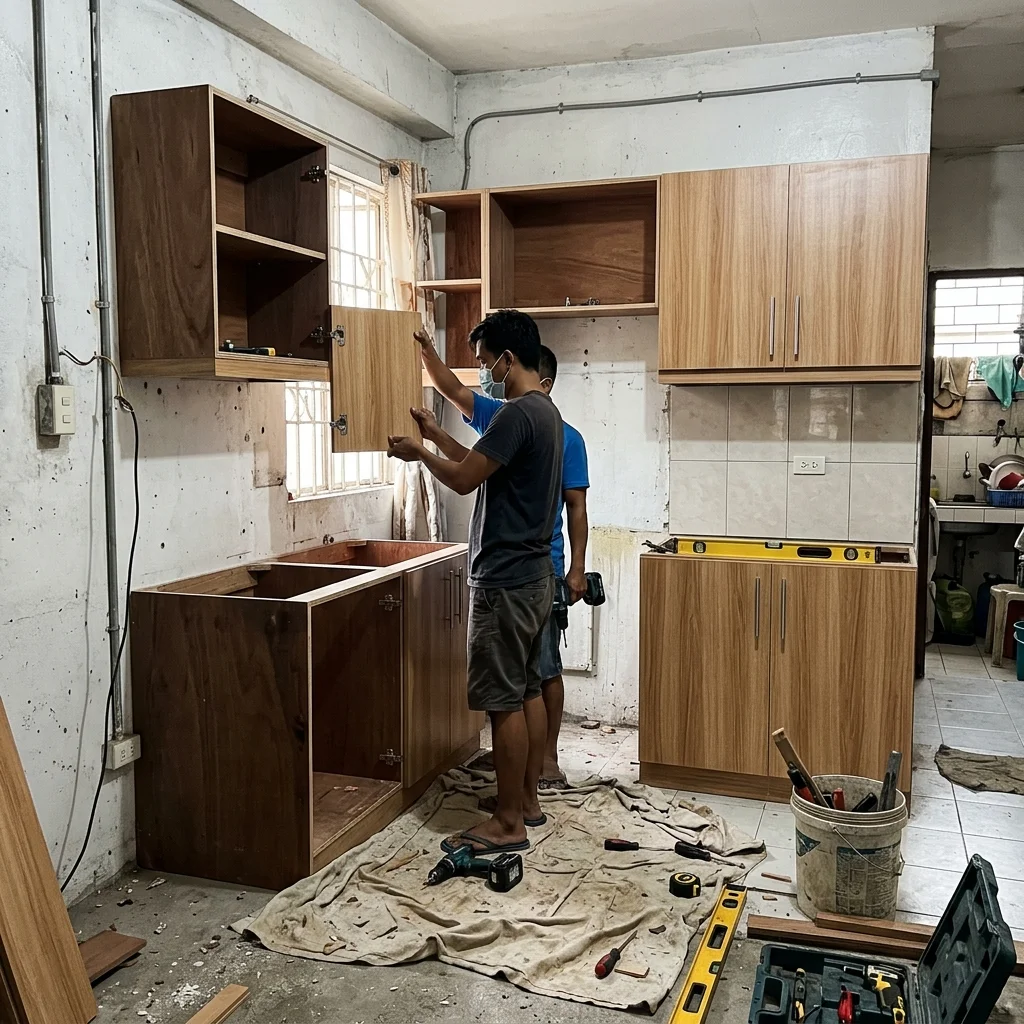 Modular kitchen cabinet carcasses being installed in a Philippine home showing marine plywood construction