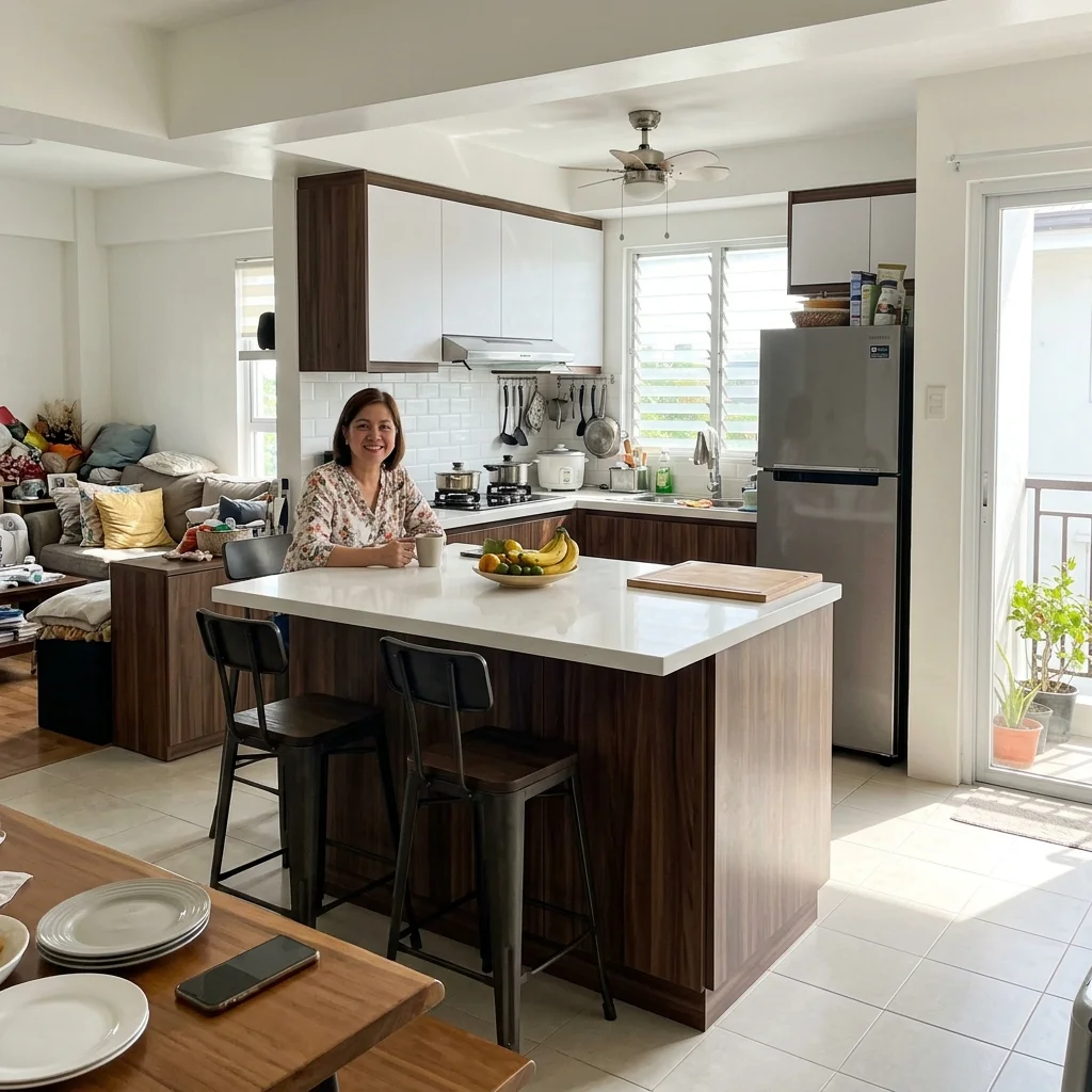 Modular kitchen island with dark walnut laminate base and white quartz top in a Philippine open-plan kitchen