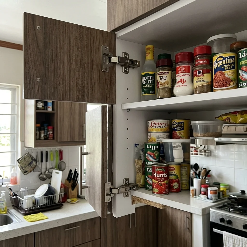 Close-up of open kitchen cabinet upper door showing Blum CLIP top hinge mechanism and organized interior Philippines