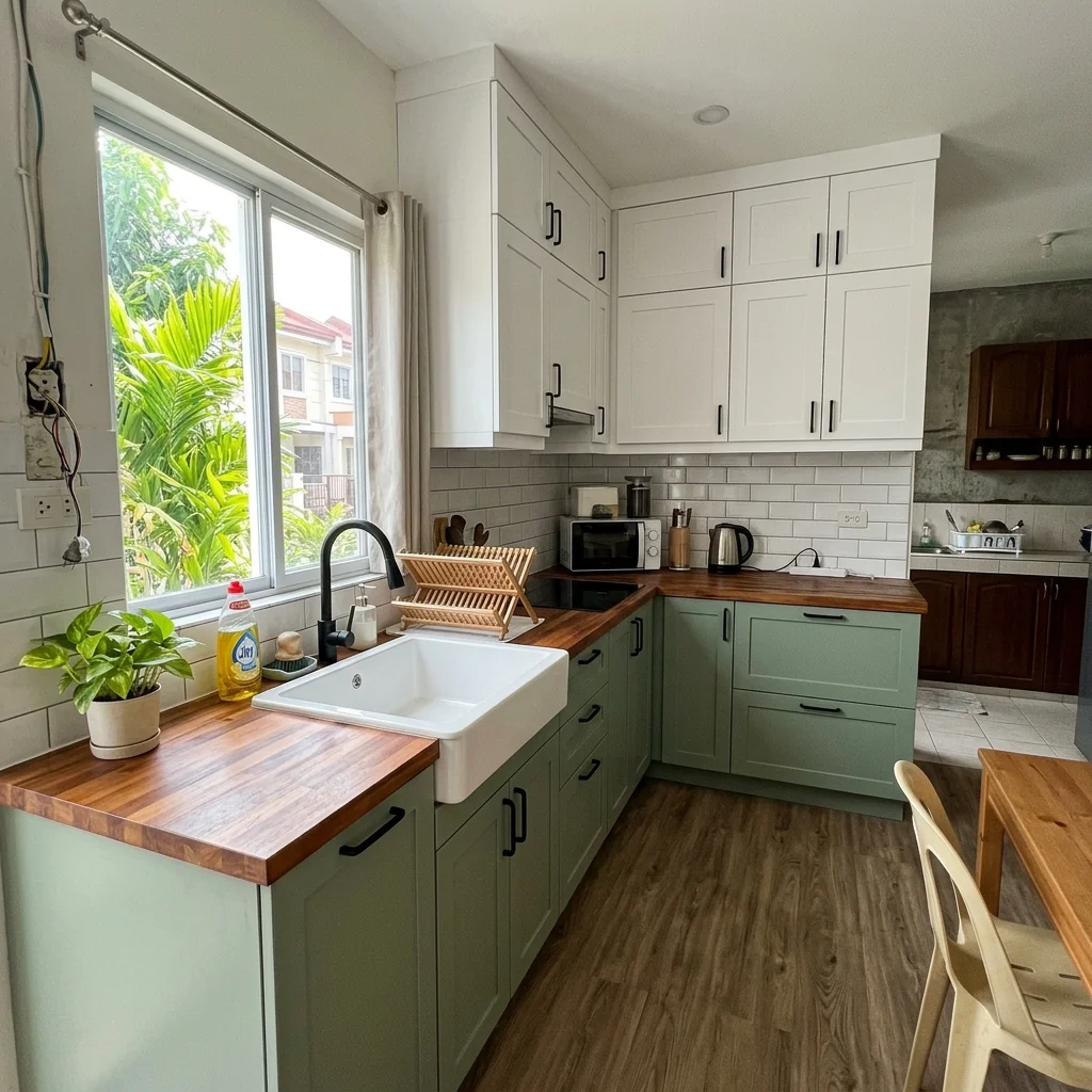Complete modular kitchen renovation with sage green lower cabinets and white upper cabinets in a Philippine townhouse