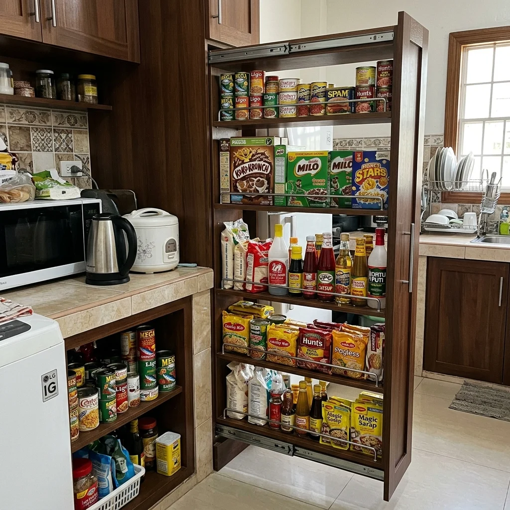 Modular kitchen pull-out pantry column cabinet fully extended showing deep shelves with organized food items Philippines