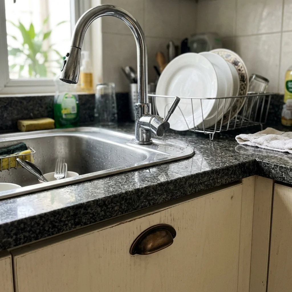 Close-up of kitchen countertop with undermount sink, chrome faucet, and cream laminate cabinet door in Philippine home