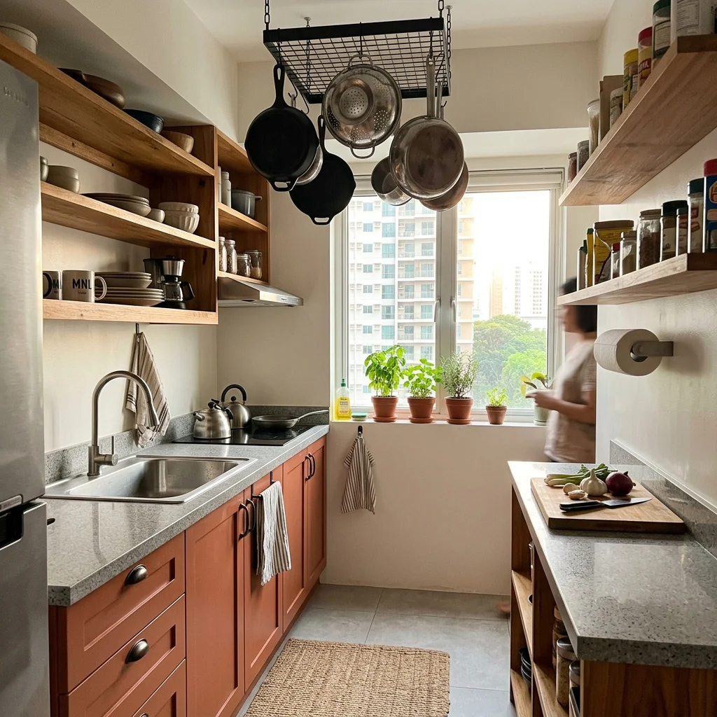 Modular kitchen with terracotta lower cabinets and natural wood upper open shelves in a Philippine condominium