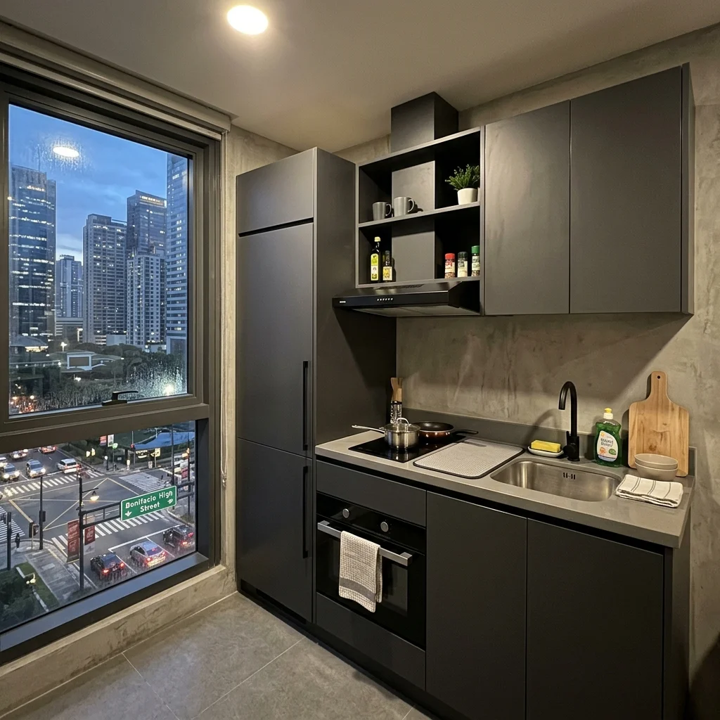 Compact studio kitchen cabinet in a Makati BGC high-rise condominium with dark gray matte finish and city view