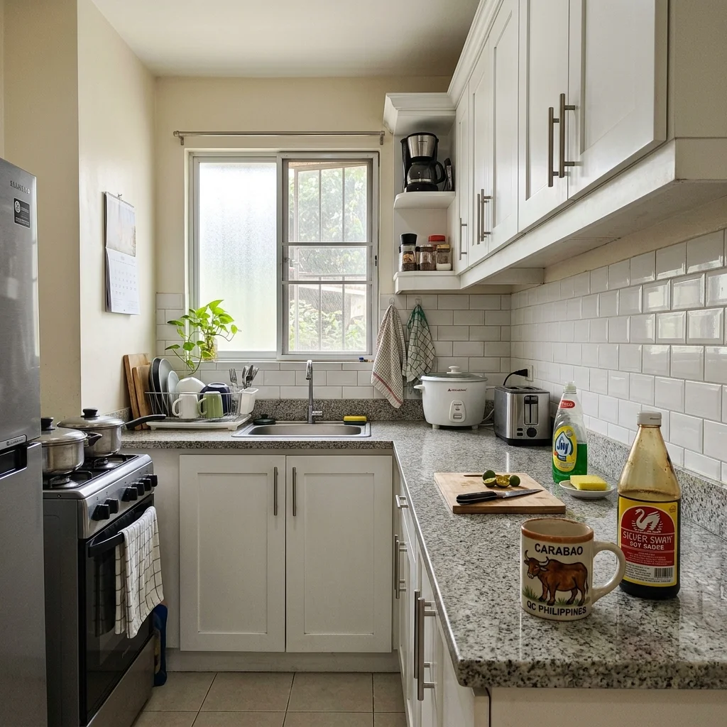 Classic white shaker kitchen cabinets with brushed nickel handles in a Quezon City townhouse Philippines