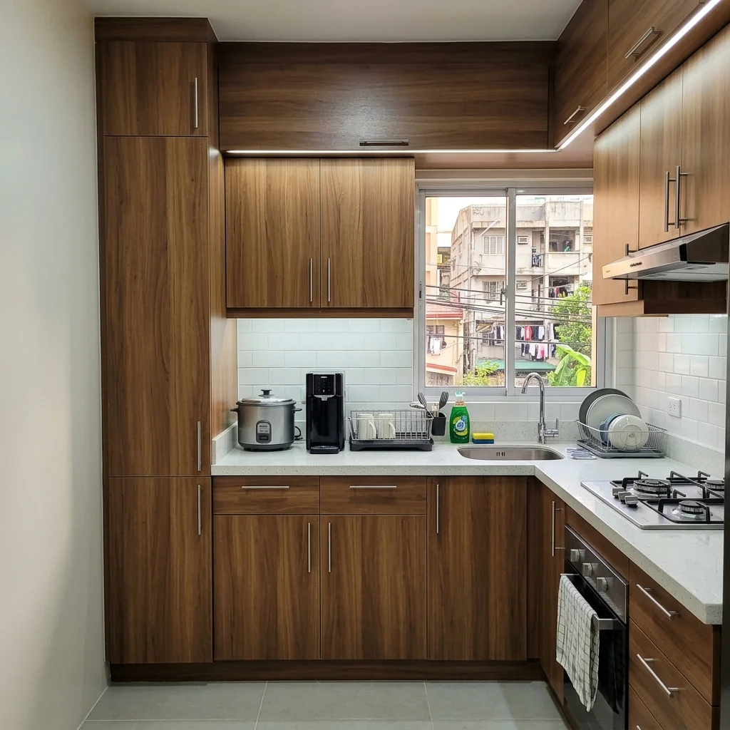 Space-efficient kitchen in a Manila apartment with walnut laminate cabinets and integrated overhead storage