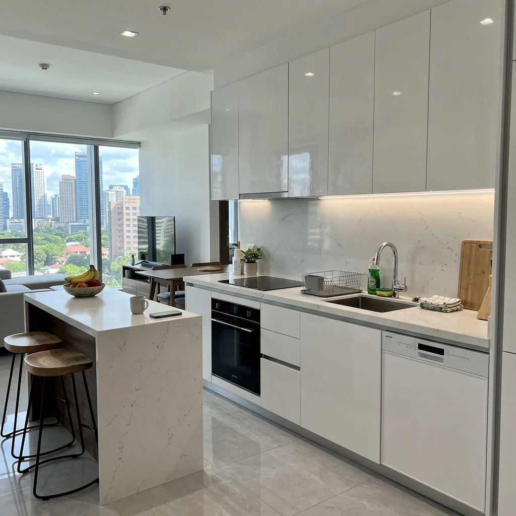Sleek premium condo kitchen with handleless white gloss cabinets and waterfall quartz island in Taguig BGC Philippines