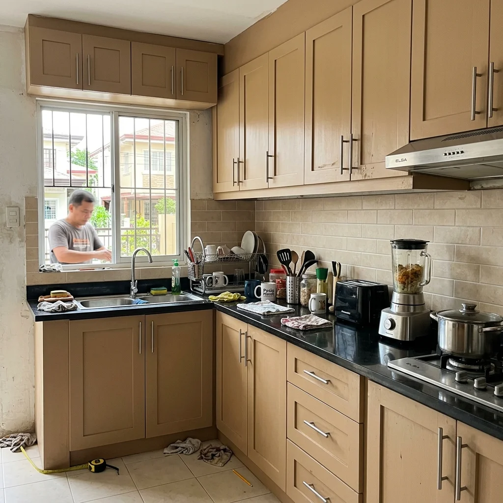 Medium-sized kitchen renovation with warm beige shaker cabinets and black granite countertop in a Pasig subdivision home