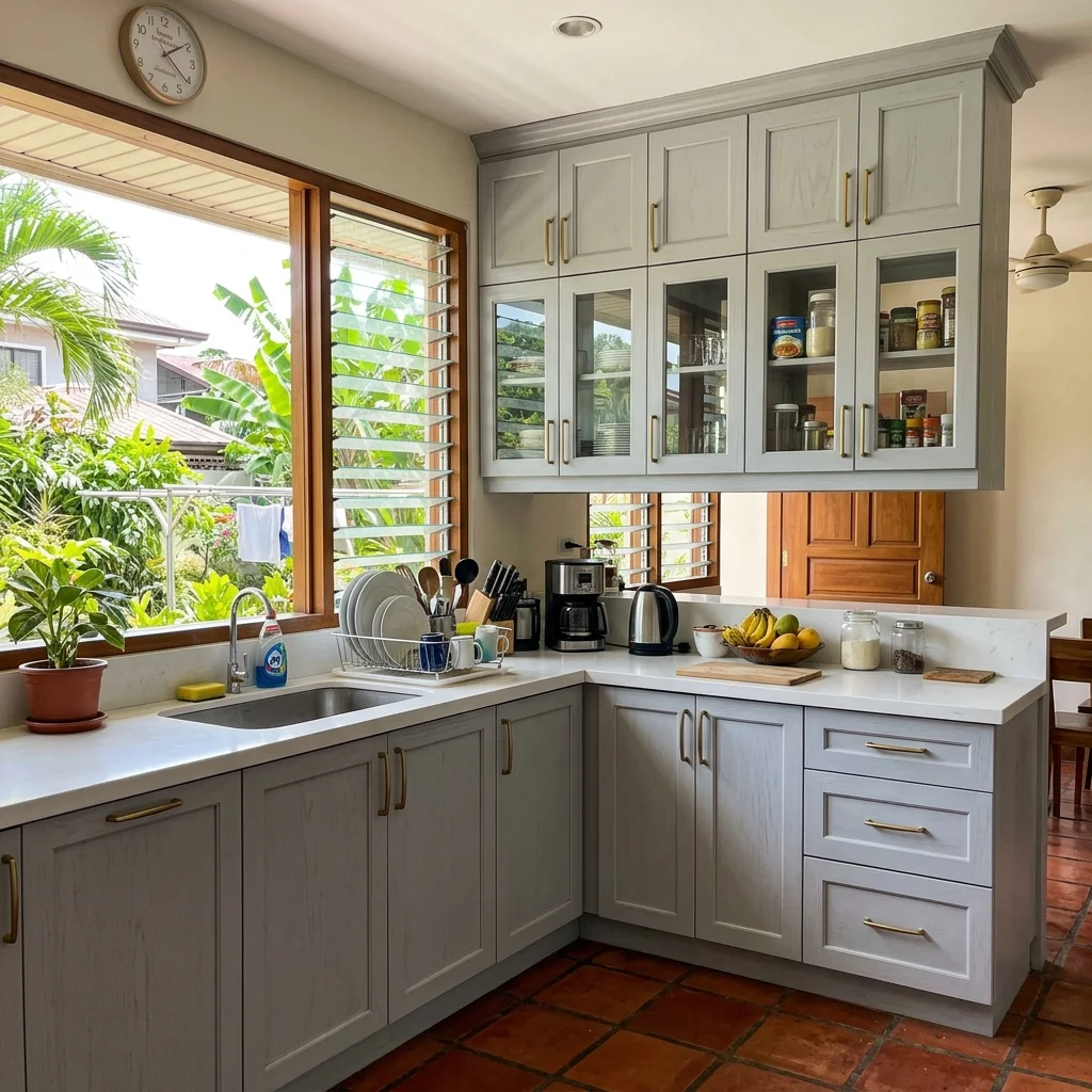 Spacious kitchen renovation with light gray cabinets and gold handles in a Cebu City home Philippines