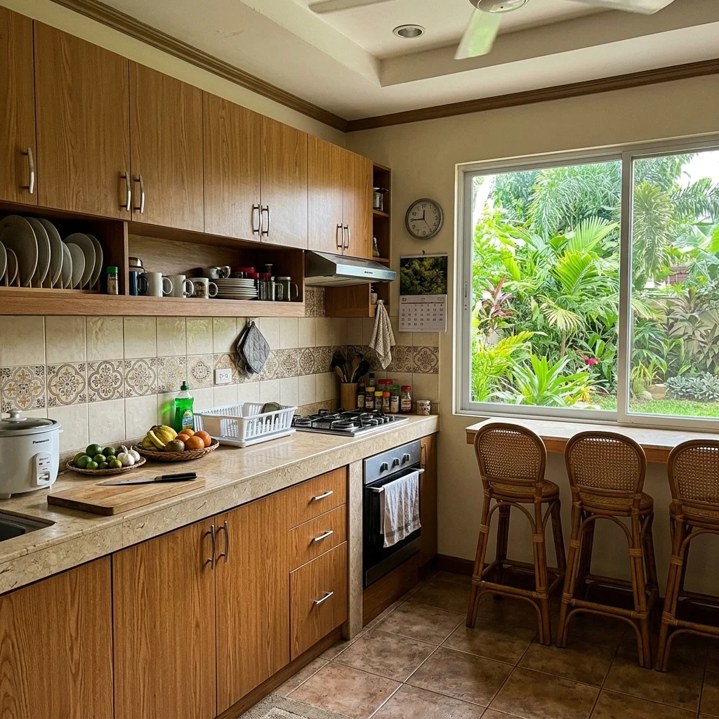 Kitchen cabinets with medium oak laminate and light stone countertop in a Davao City home with garden view