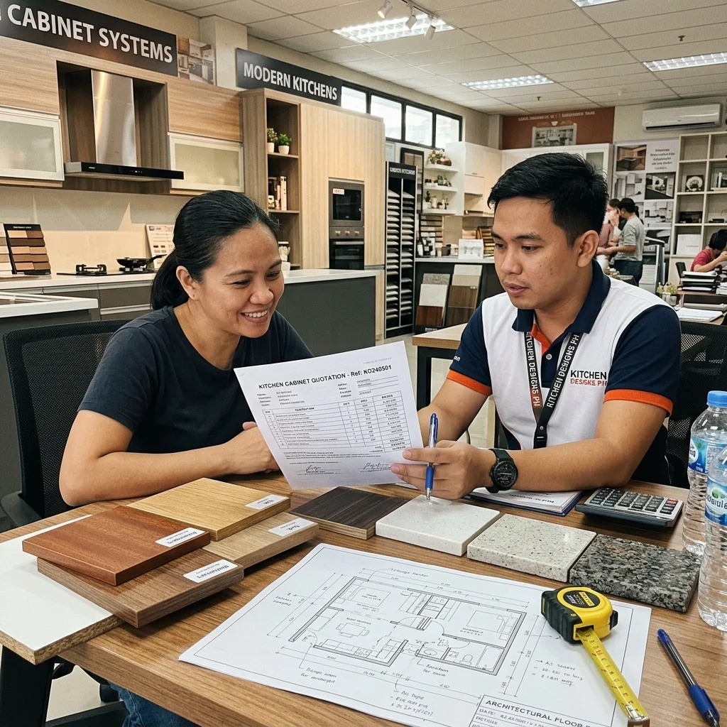 Kitchen cabinet design consultation with printed quotation and laminate samples in a Philippine cabinet showroom