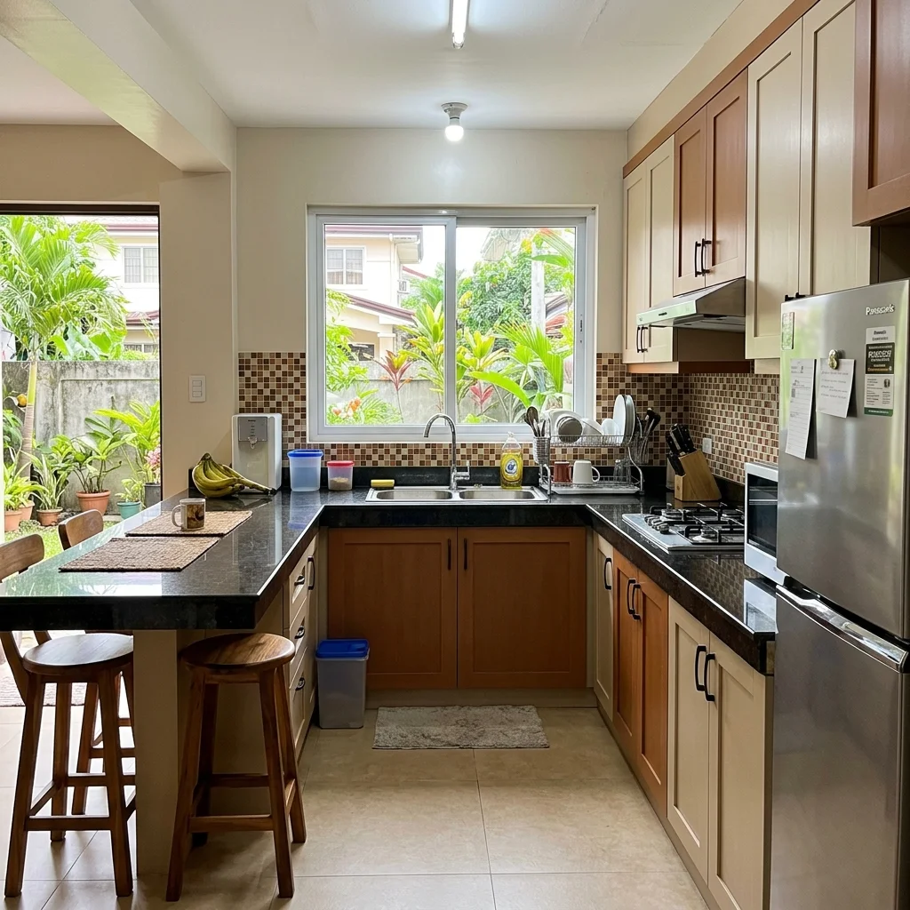 Beige and brown shaker-style kitchen cabinets in a Philippine subdivision house with mosaic ceramic tile backsplash