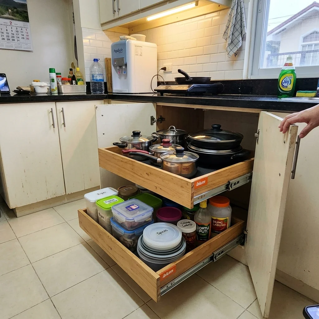 Open kitchen pull-out drawer units showing organized utensil dividers and Blum TANDEM soft-close drawer slides Philippines