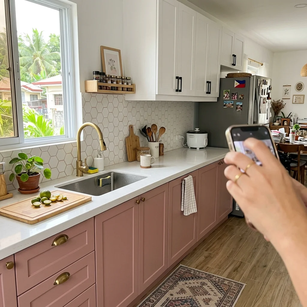 Newly renovated kitchen with dusty pink lower cabinets and gold cup handles in a Philippine home renovation reveal