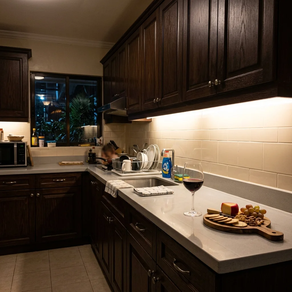 Evening kitchen scene with warm LED strip lights under dark wood grain upper cabinets in a Philippine home