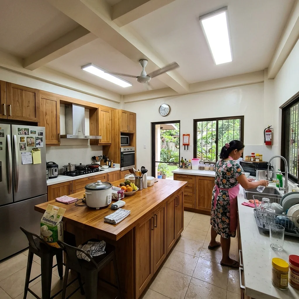 Spacious kitchen renovation with natural teak laminate cabinets and stainless steel appliances in a large Philippine house