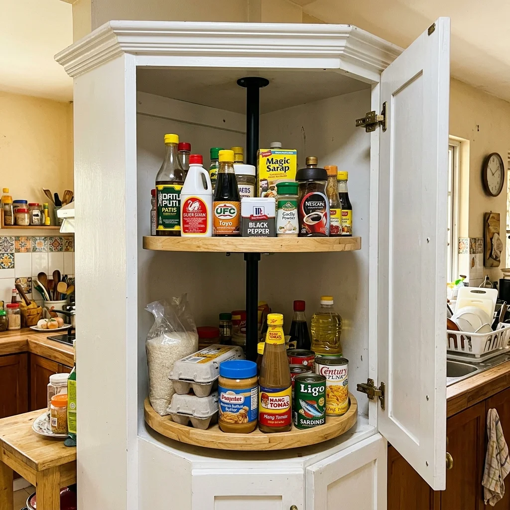 Kitchen corner cabinet open revealing a two-tier rotating lazy susan shelf system with organized food storage Philippines