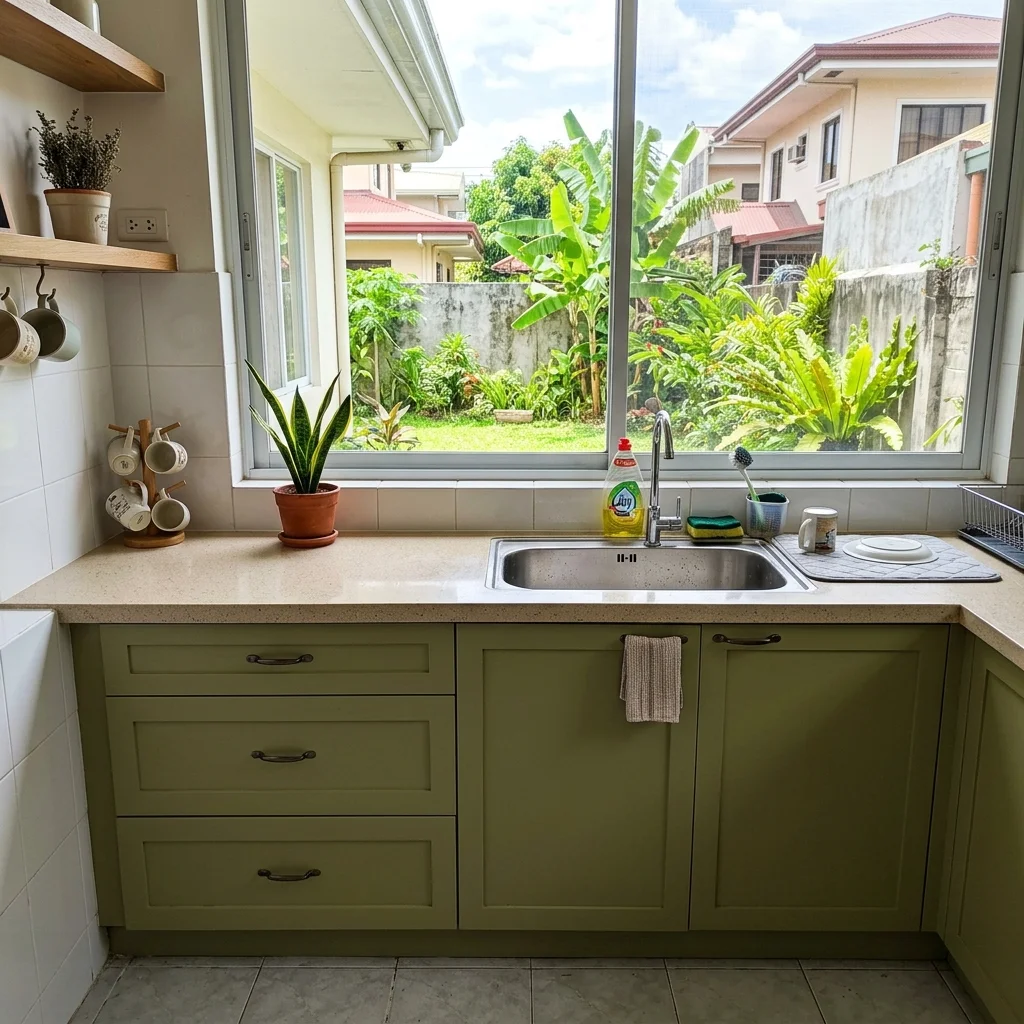 Kitchen with olive green cabinets, no upper cabinets above sink, and open view to garden through window Philippines