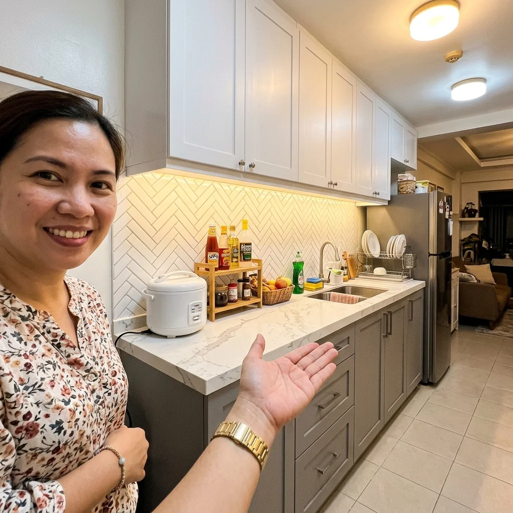 Completed kitchen renovation with ash gray lower and white upper cabinets and herringbone tile backsplash Philippines