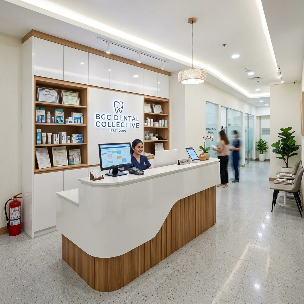 Modern reception counter and built-in cabinets in BGC dental clinic