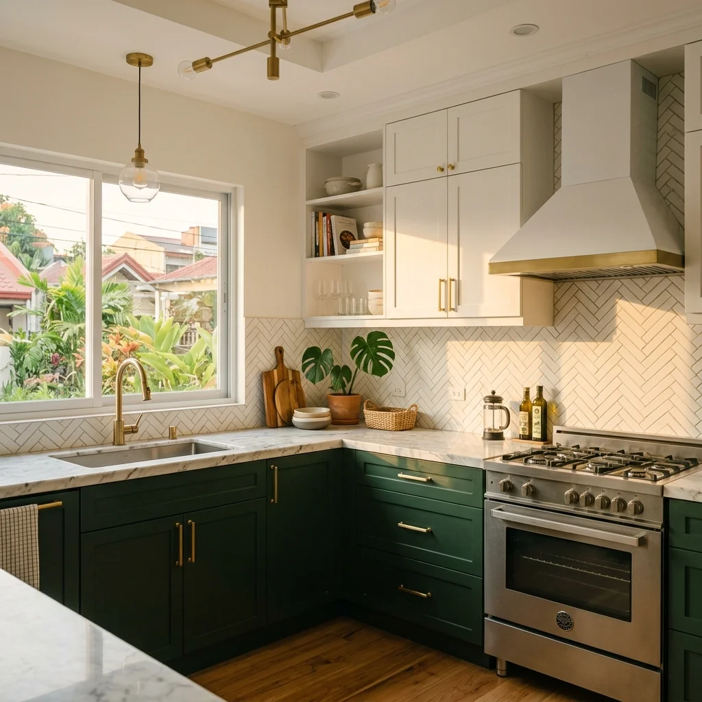 Modern L-shaped kitchen with dark green lower cabinets in Manila townhouse