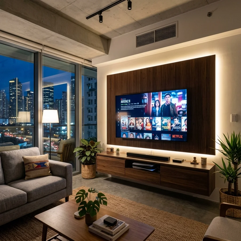 Floating TV entertainment wall with walnut panel and LED backlighting in BGC condo