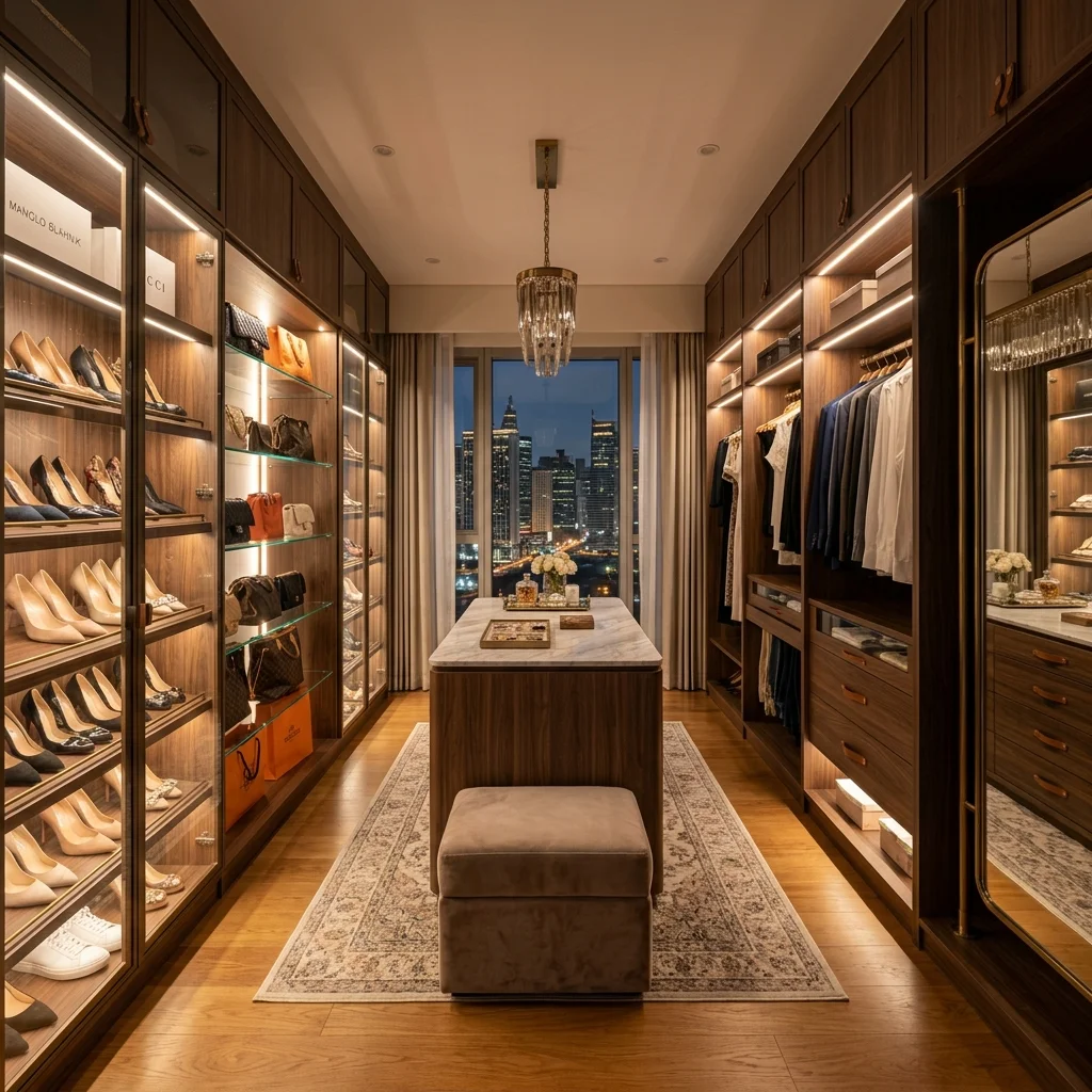Luxurious walk-in closet in Makati penthouse with LED shelving
