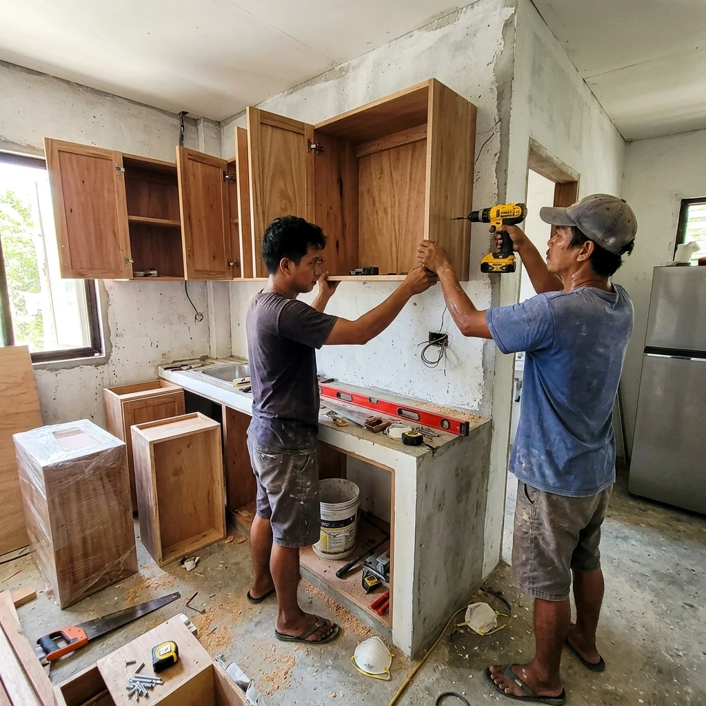 CabinetMakerPH installation team fitting custom kitchen cabinets in a Philippine home