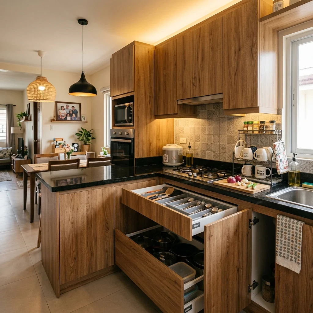 Custom kitchen cabinets with oak laminate finish installed in a Manila condo