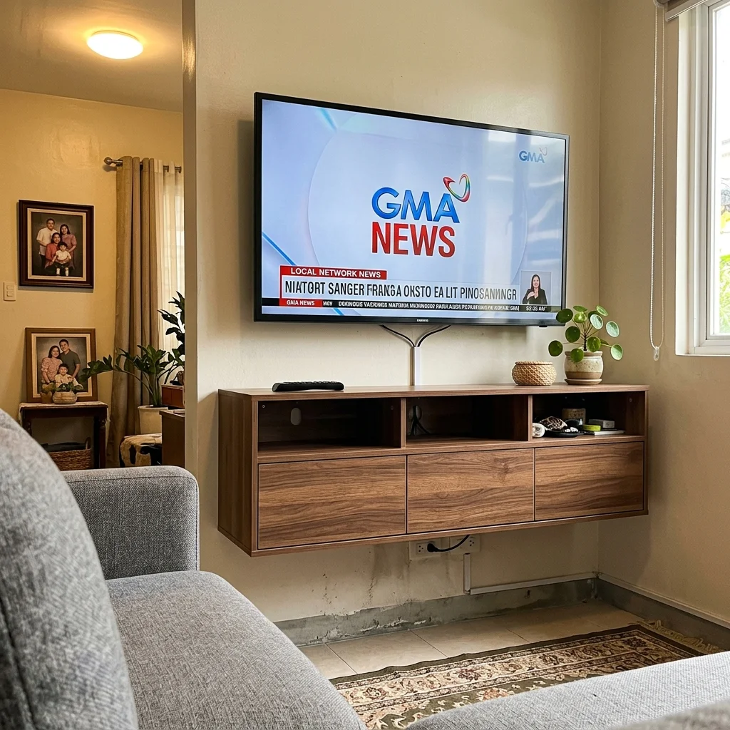 Floating wall-mounted TV cabinet with walnut wood grain laminate and open shelving in a Philippine living room