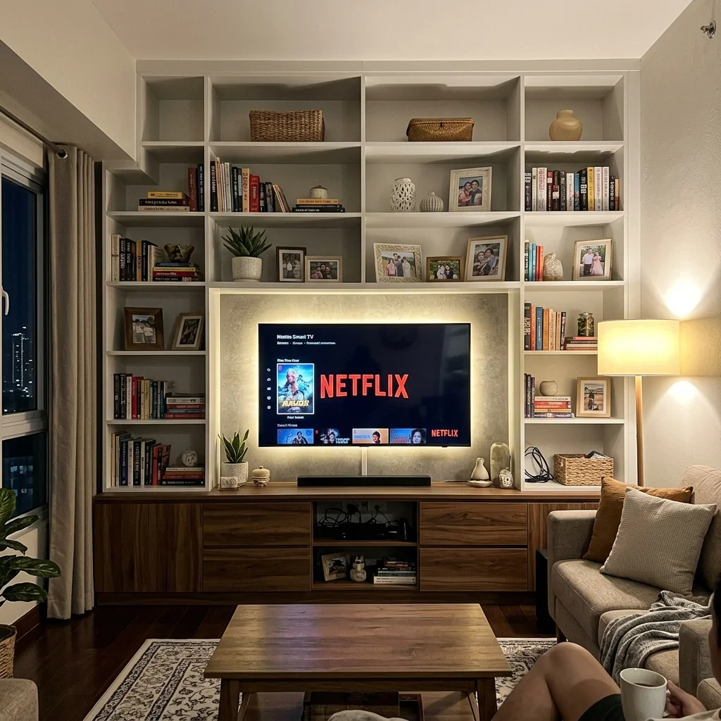 Full-wall built-in entertainment center with matte white shelves and walnut lower cabinets in a Philippine condo living room