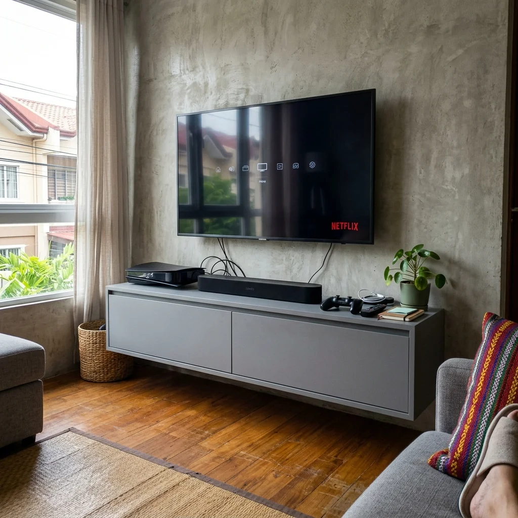 Minimalist floating TV console in matte gray finish with push-to-open doors in a modern Filipino apartment
