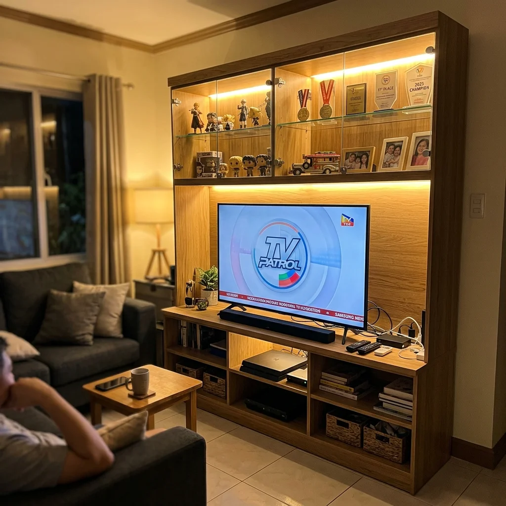 Custom TV cabinet with glass display shelves and LED accent lighting in a Philippine living room
