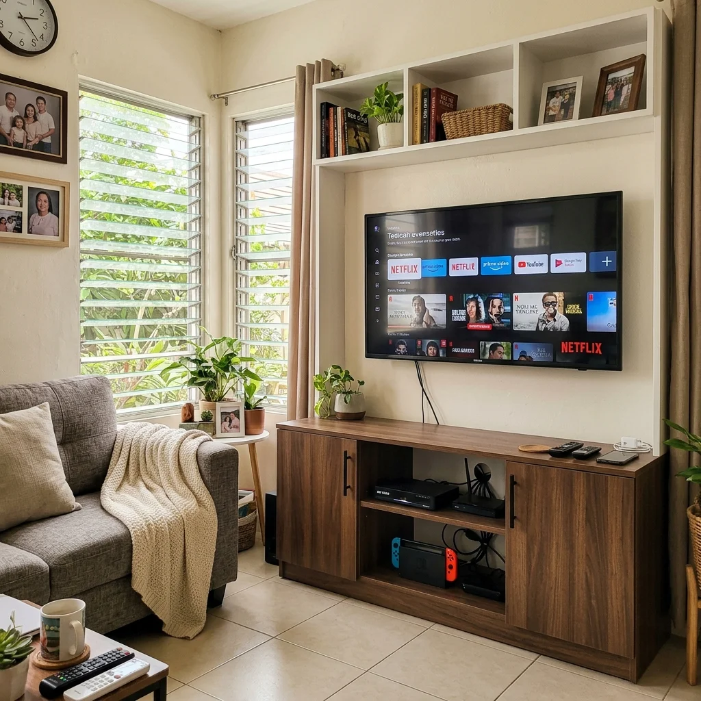 Two-tone TV cabinet with white upper open shelves and dark wood grain lower storage in a Philippine living room
