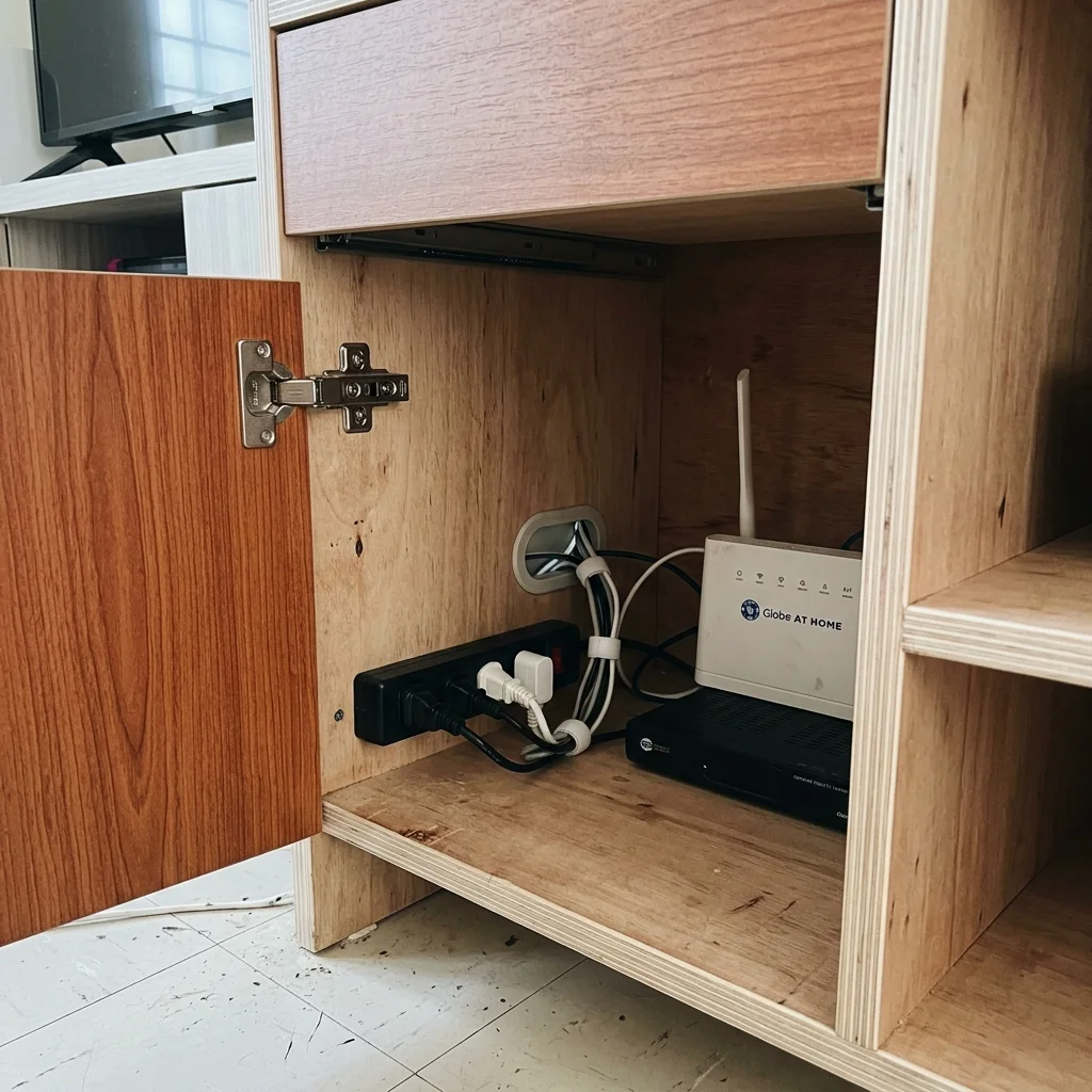 Close-up of TV cabinet interior showing concealed cable management and Blum soft-close hardware Philippines