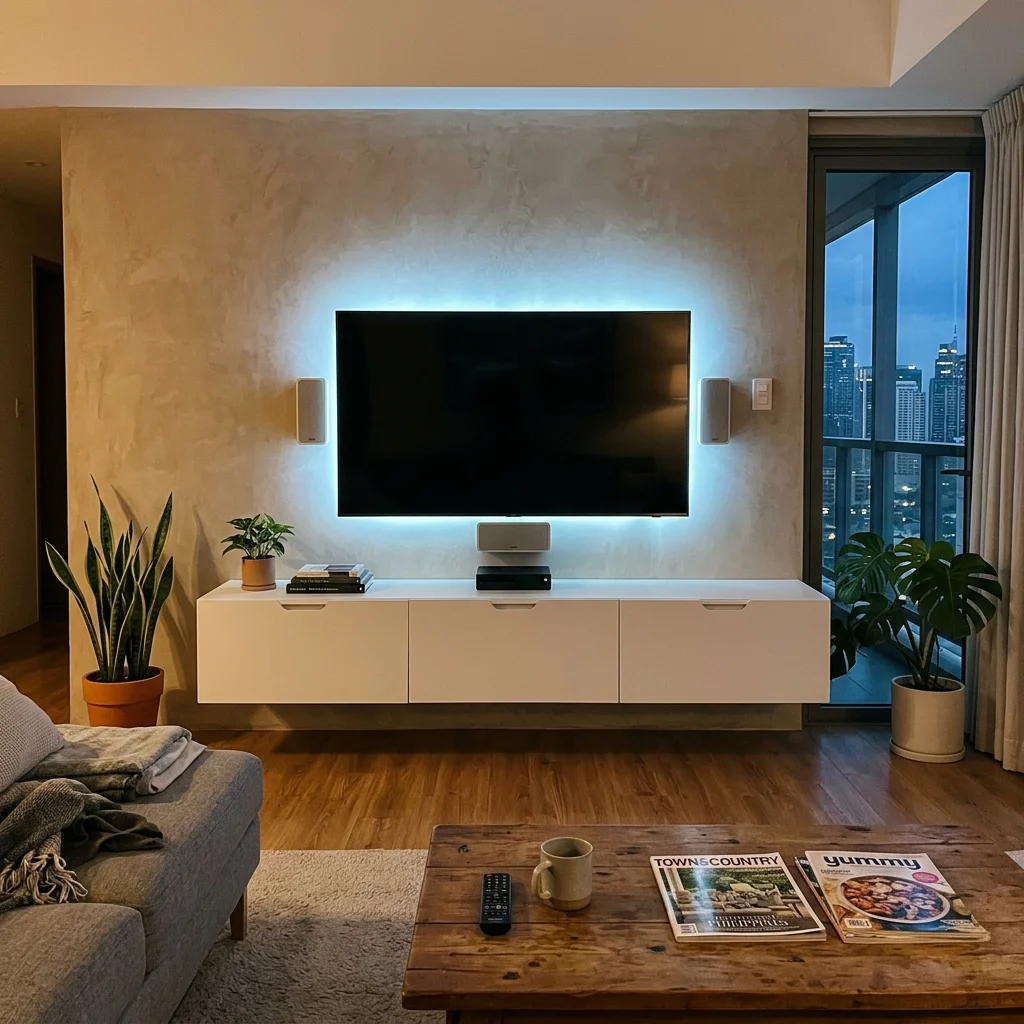 Long floating white TV console with LED backlight spanning full wall width in a Philippine condominium living room
