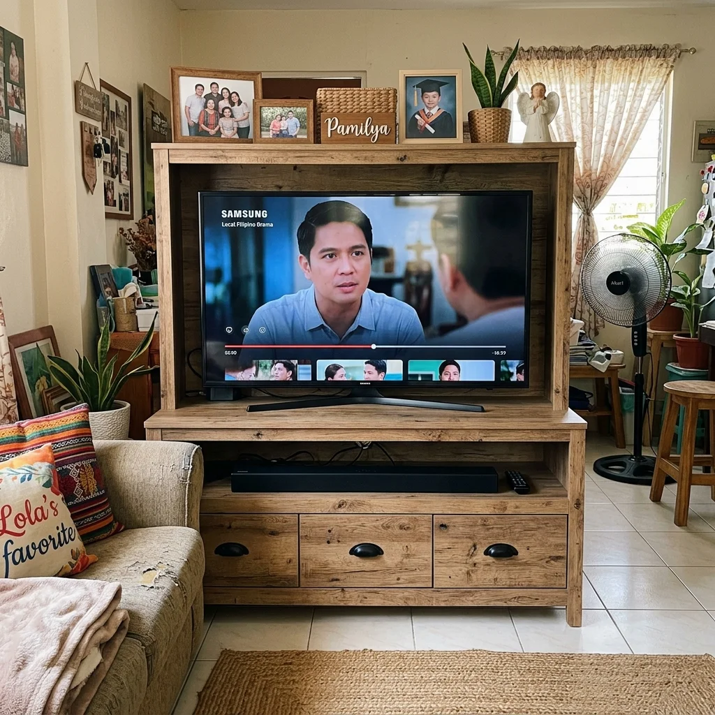 Rustic wood grain TV entertainment center with black iron handles in a Filipino family living room Philippines