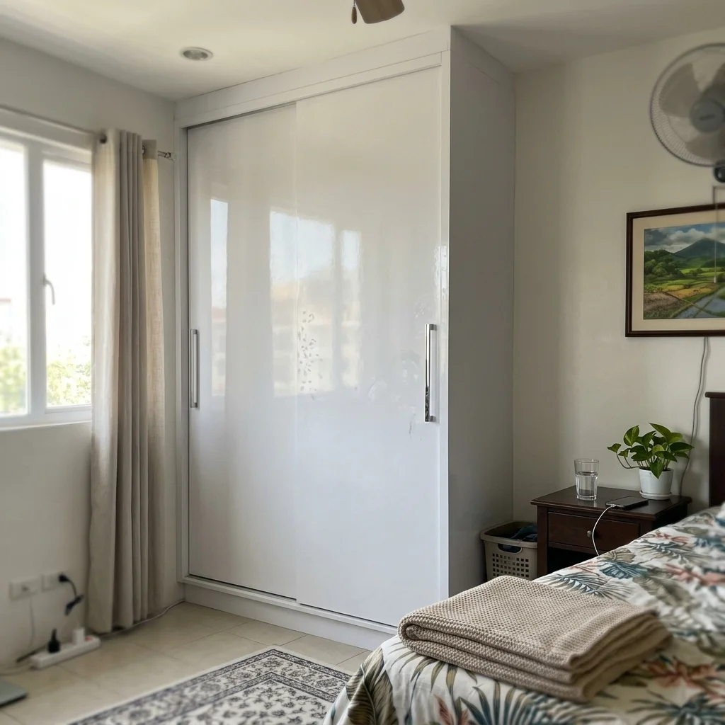 Glossy white sliding wardrobe chrome handles bedroom Manila Philippines