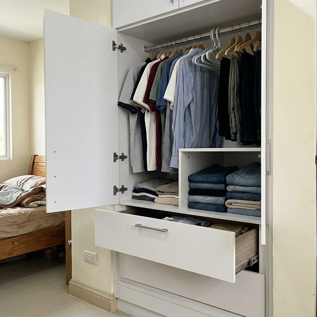 Wardrobe interior open door showing hanging rails drawers Philippines